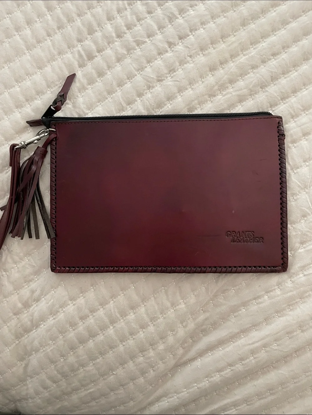 Hand-Tooled Floral Leather Wristlet Clutch in Deep Burgundy